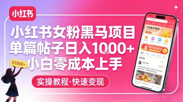 小红书女粉黑马项目，单篇帖子日入1k+，小白零成本上手-财经探 | 免费网创项目与资源大全