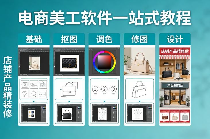 电商美工软件一站式教程，基础/抠图/调色/修图/设计，店铺产品精装修-财经探 | 免费网创项目与资源大全