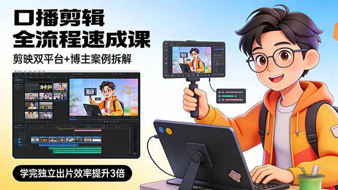 口播剪辑全流程速成课，剪映双平台+博主案例拆解，学完独立出片效率提升3倍-财经探 | 免费网创项目与资源大全