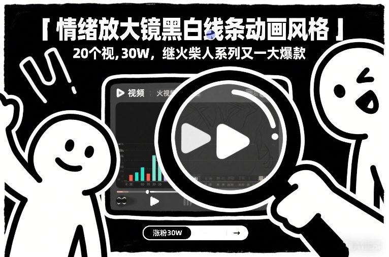 情绪放大镜黑白线条动画风格,20个视频,涨粉30W,继火柴人系列又一大爆款-六创网